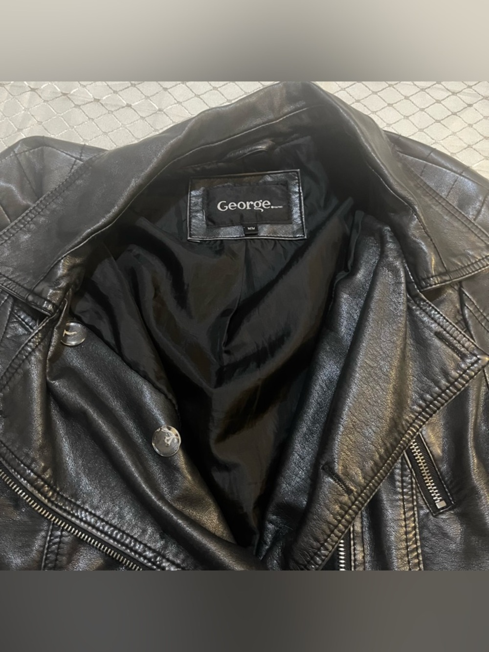 🛍️ $13 ADD-ON | Black & Silver Faux Leather Belted Button Zipper Jacket George - Picture 5 of 16